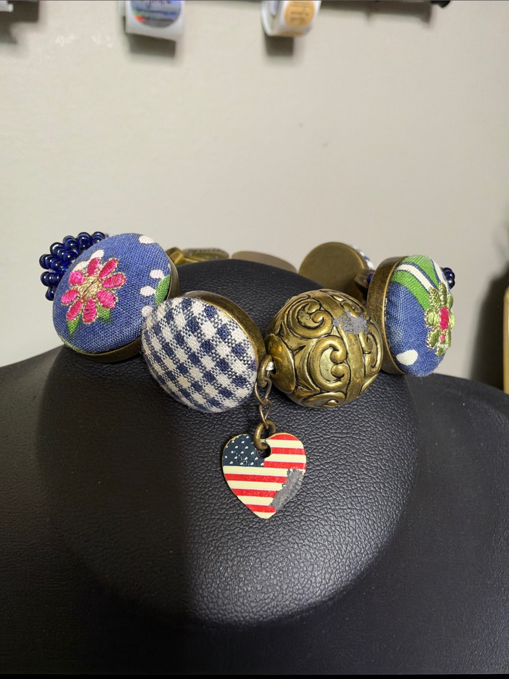 Boho Floral Fabric Button Stretch Bracelet Americana Heart Charm